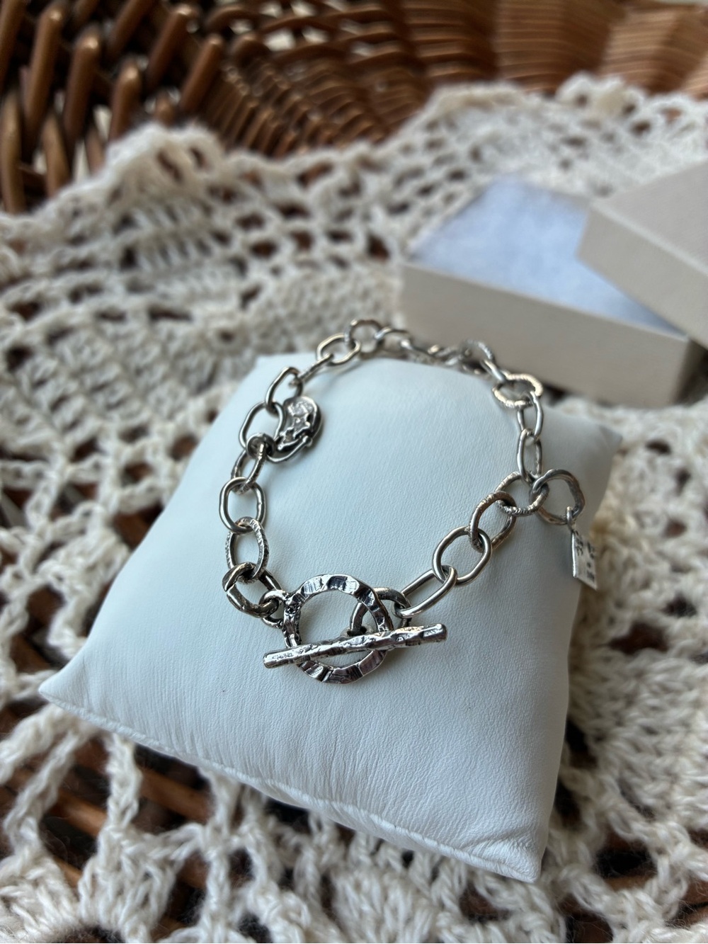 Handmade Artisan .925 sterling silver multi charm link toggle bracelet 7.25”